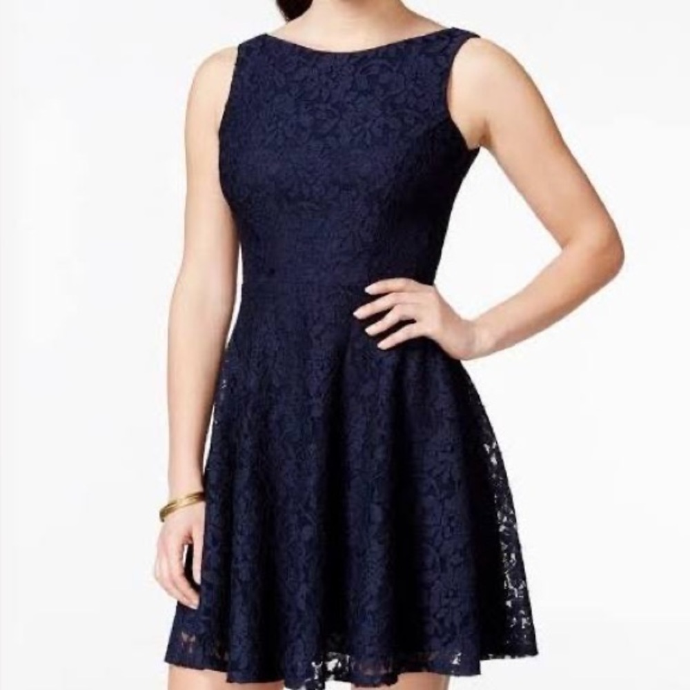 Navy blue floral lace skater dress